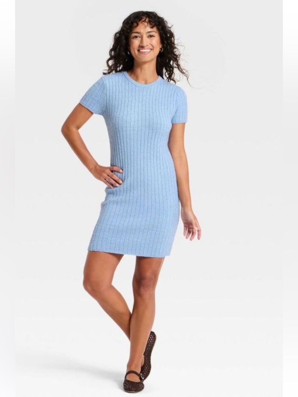 Universal Thread Short Sleeve Rib Mini Sweater Dress in Light Blue XL  NWT